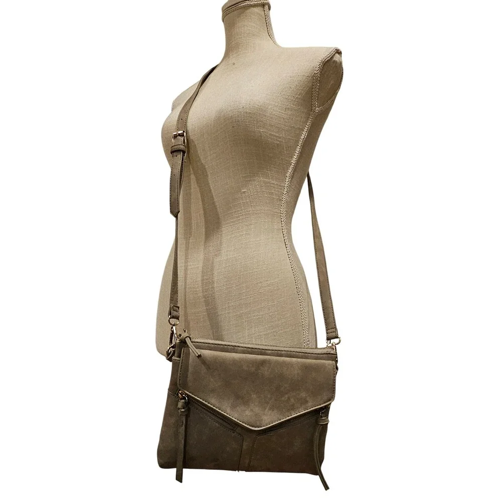 Free People Grey faux suede Crossbody Bag Foldover Zip Pockets Adjustable Strap - Picture 2 of 4